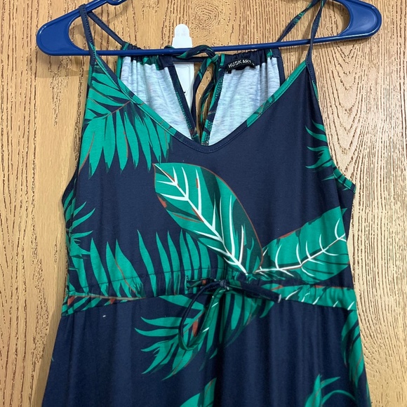 Women’s Black & Green Tropical Leaf Print Boho Maxi Beach Summer Dress Sz-M - Picture 4 of 8